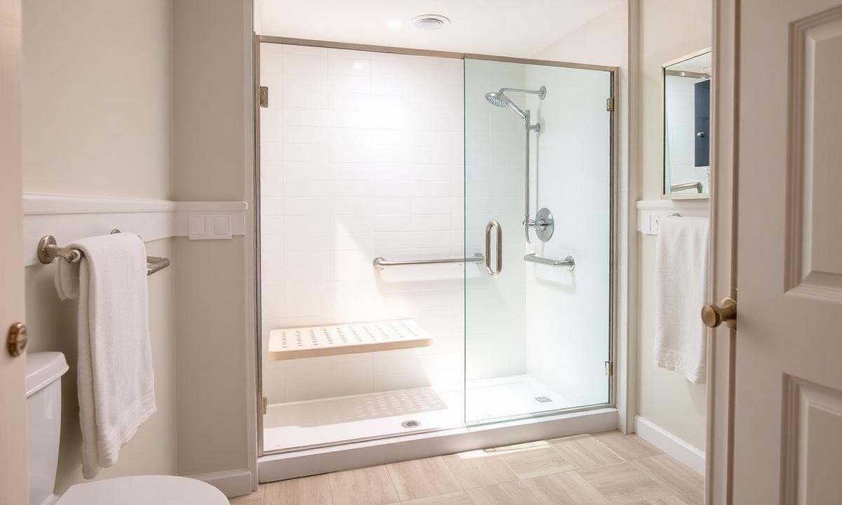 Modern accessible bathroom with a low-threshold walk-in shower, grab bars and bench seat