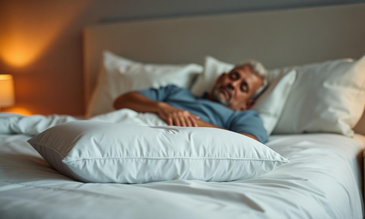 Ergonomic pillow on a neatly made bed with a senior man sleeping peacefully