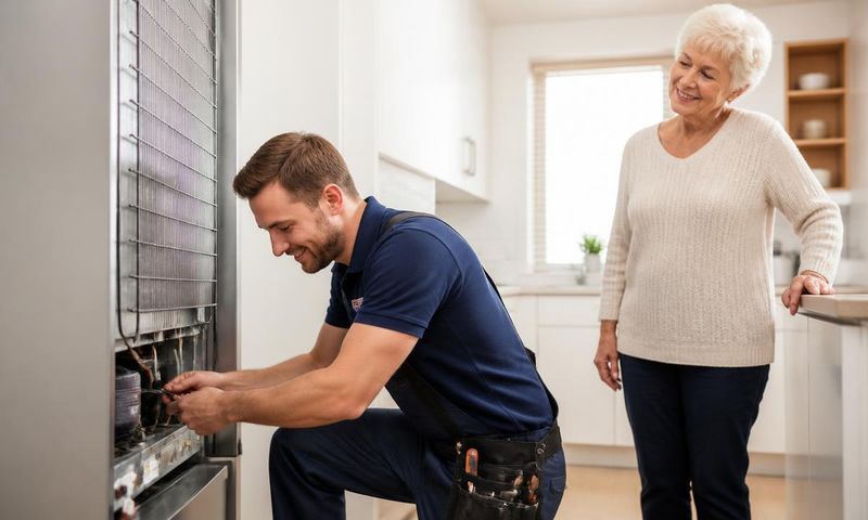 Friendly repair technician fixing a refrigerator while a relieved senior homeowner watches