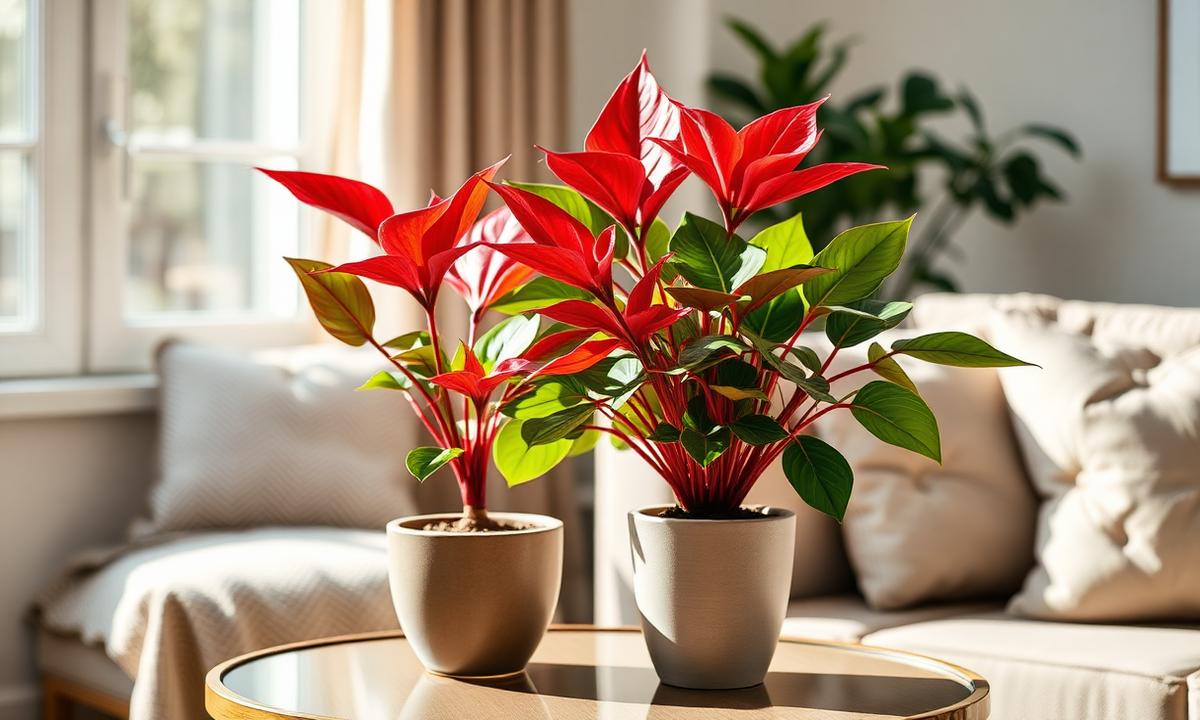 Two realistic artificial dragon blood plants in decorative pots on a living room table