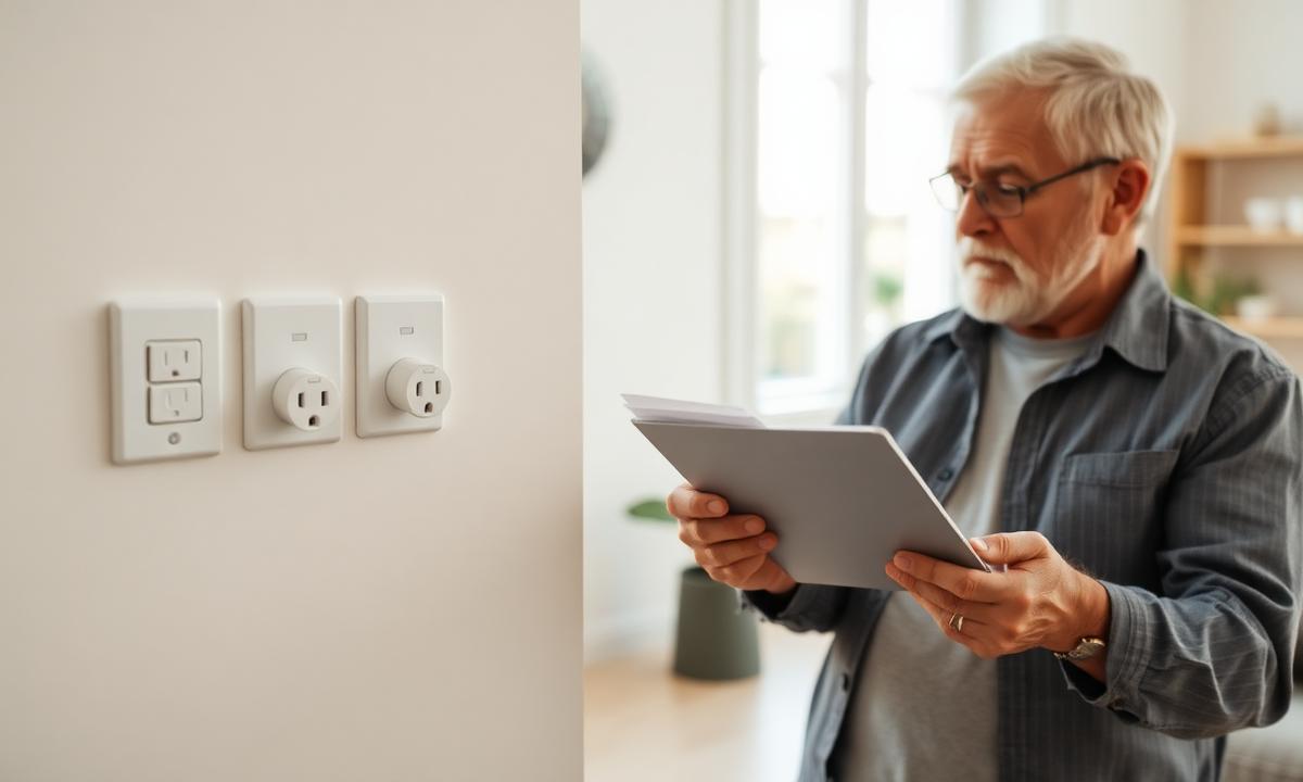 Small plug-in energy saving device next to a senior homeowner reviewing a lower electric bill